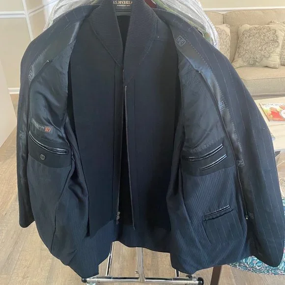 Corneliani Mens black & pin stripe coat with zipper chest piece
